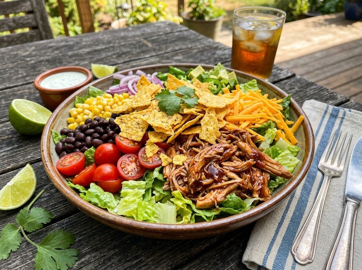 A vibrant BBQ Chicken Taco Salad with chicken, lettuce, tomatoes, and tortilla chips in a bowl on a wooden table.