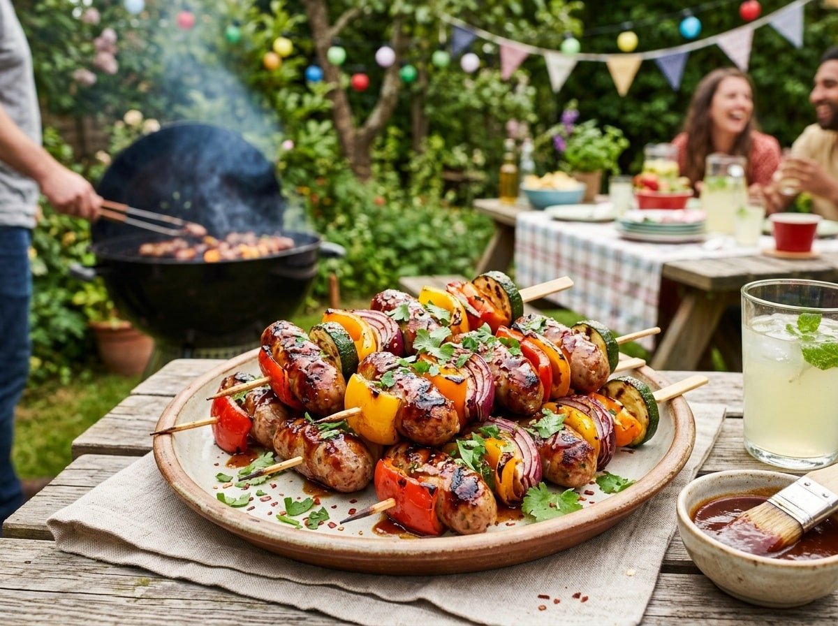 A platter of grilled sausage skewers with peppers and onions, garnished with herbs, served at a summer picnic.