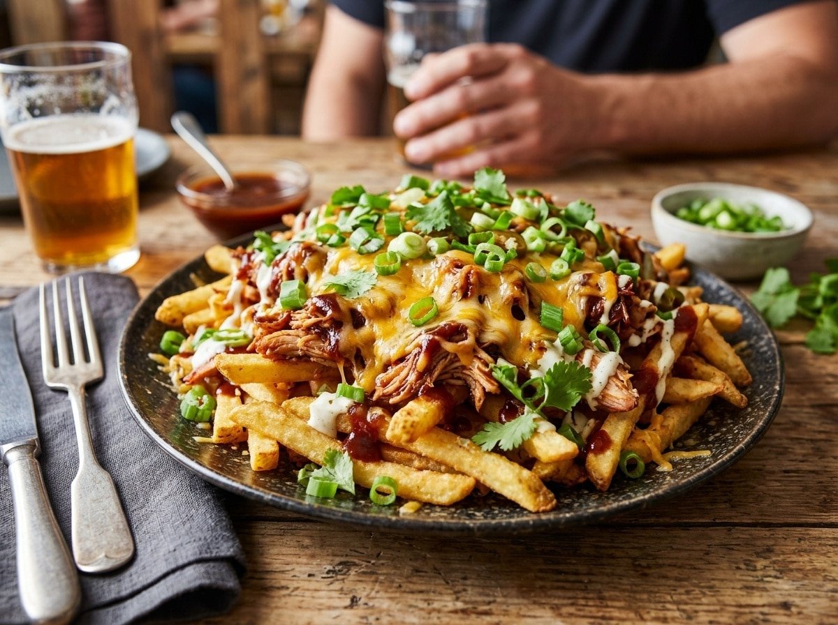 Loaded fries topped with BBQ chicken, melted cheese, green onions, and cilantro on a rustic table.