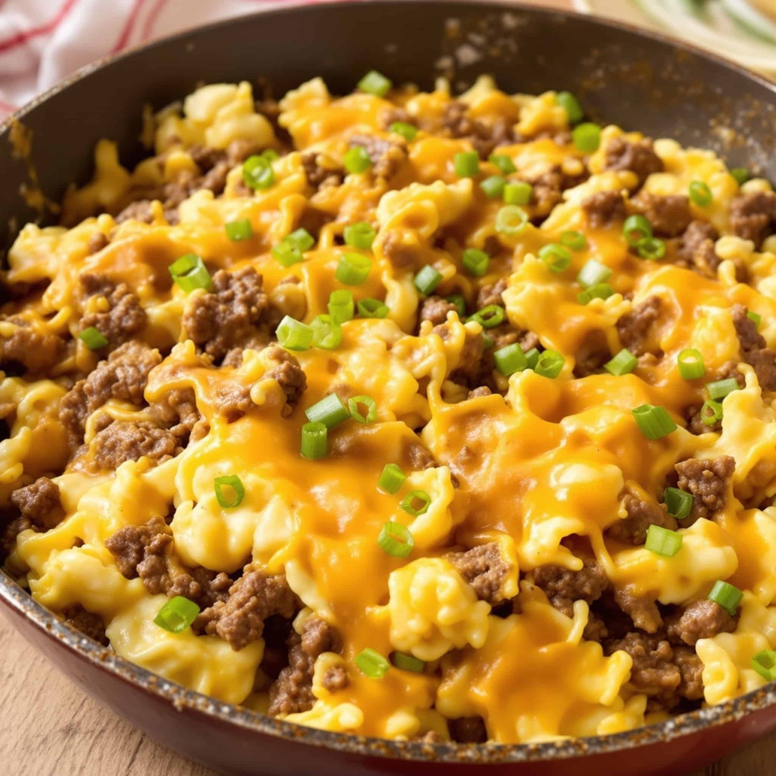 Cheesy Beef Breakfast Scramble with eggs, ground beef, and cheddar, garnished with green onions in a skillet.