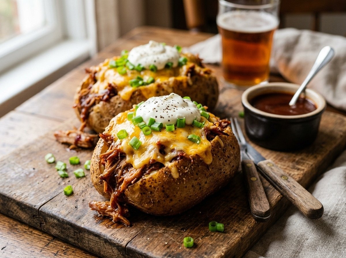 BBQ pulled pork stuffed potatoes topped with cheese and green onions on a wooden board with BBQ sauce.