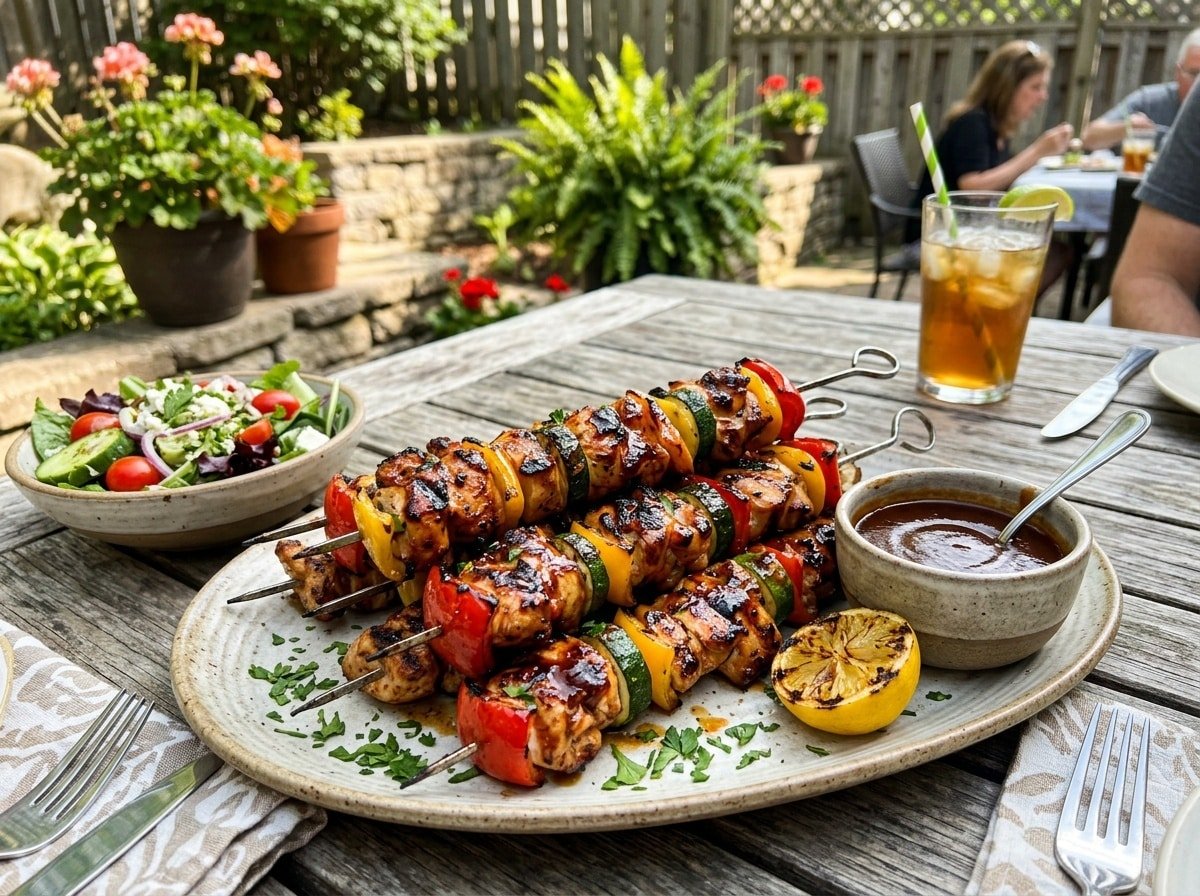 Grilled BBQ chicken kabobs with colorful vegetables on skewers, served on a platter with salad.