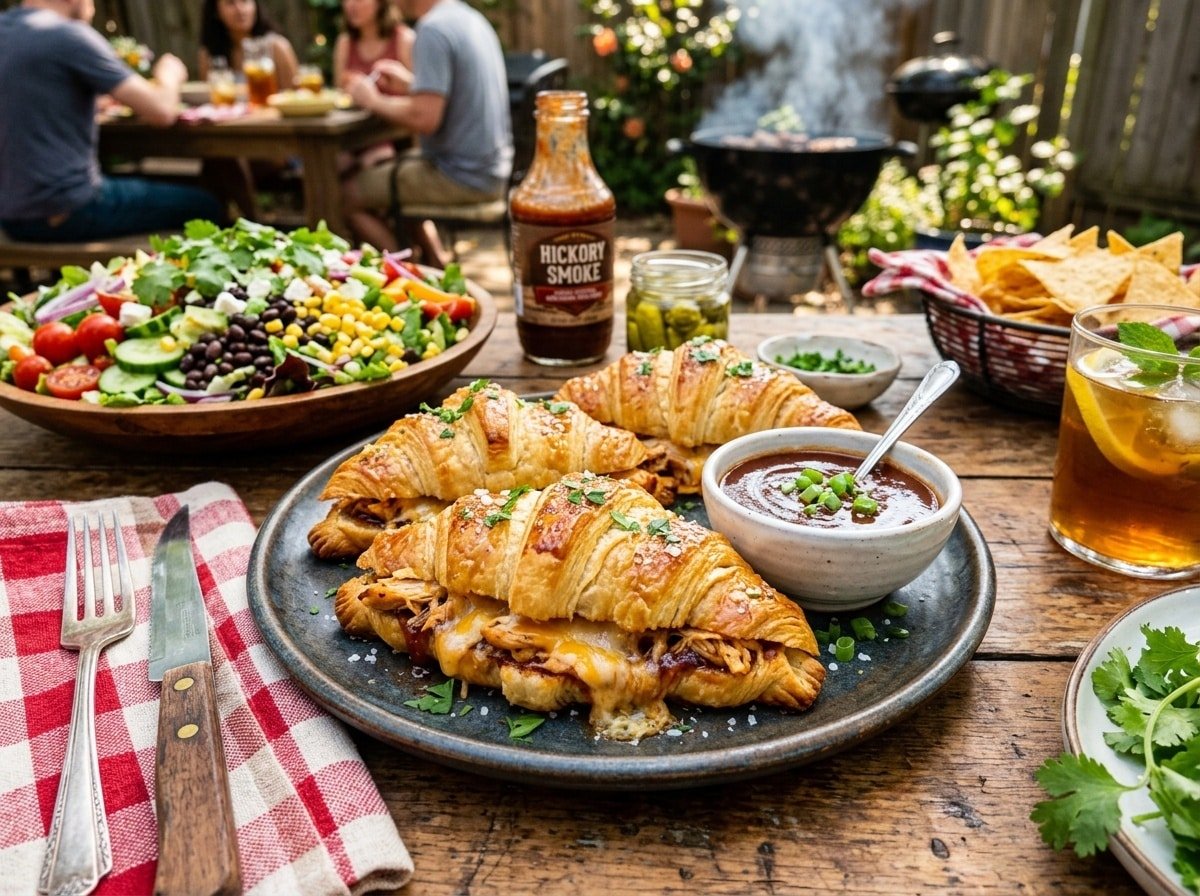 Golden brown BBQ chicken stuffed croissants on a plate, with BBQ sauce and fresh greens on a rustic table.