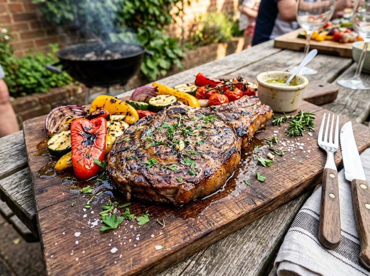 Succulent grilled steak with garlic butter glaze served with colorful grilled vegetables.