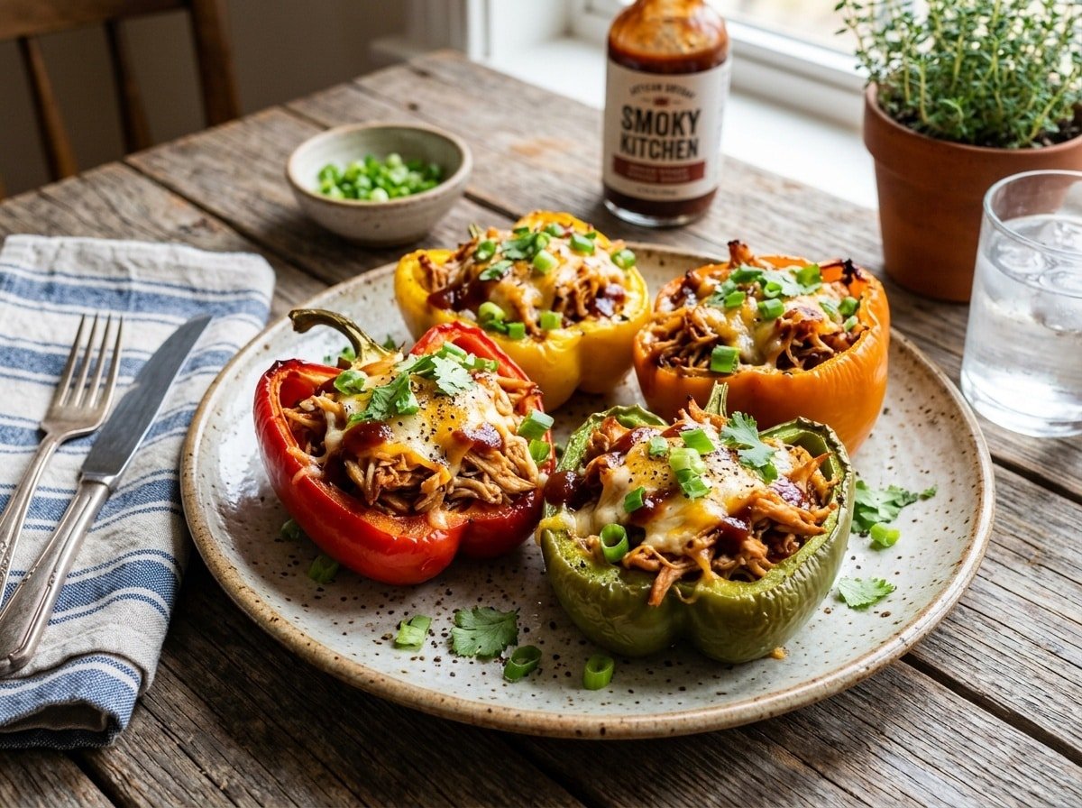 Stuffed bell peppers filled with BBQ chicken and cheese, garnished with green onions on a rustic table.
