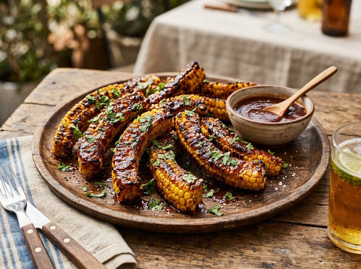 Grilled BBQ corn ribs on a wooden platter, garnished with cilantro and a side of BBQ sauce.