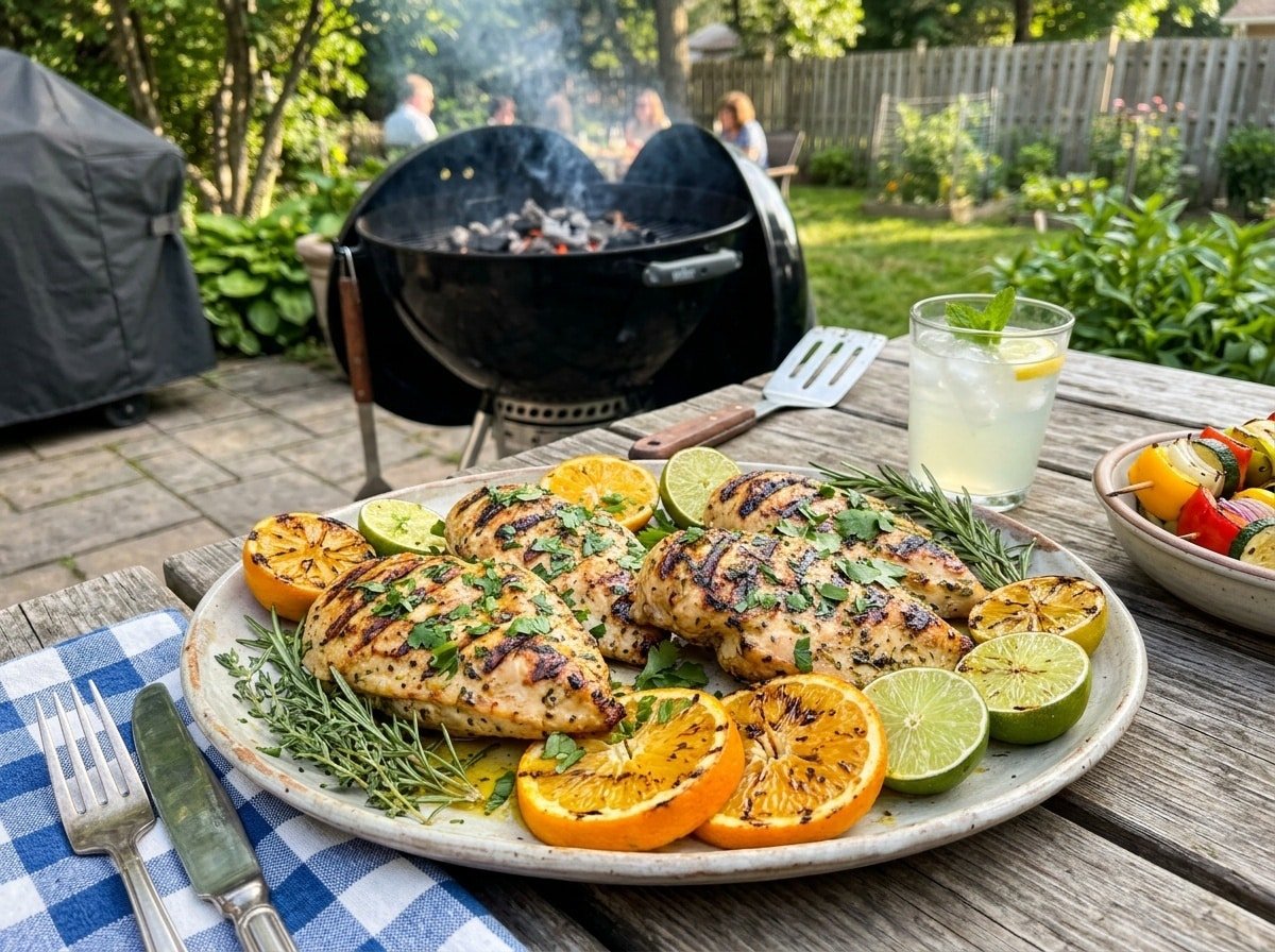 Grilled citrus herb chicken breasts garnished with parsley and lime, served on a rustic platter.