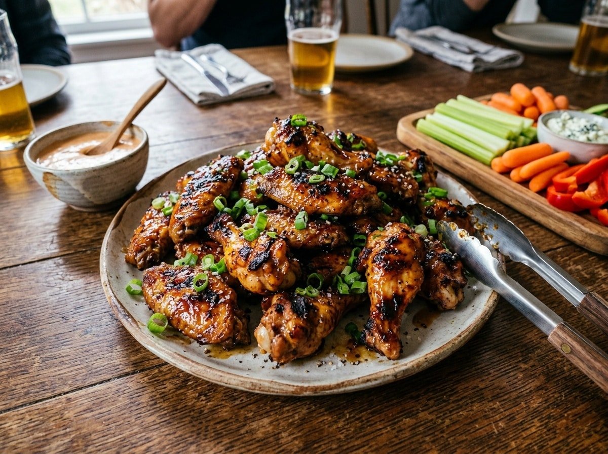 A delicious serving of grilled sweet heat chicken wings on a wooden platter, garnished with green onions.