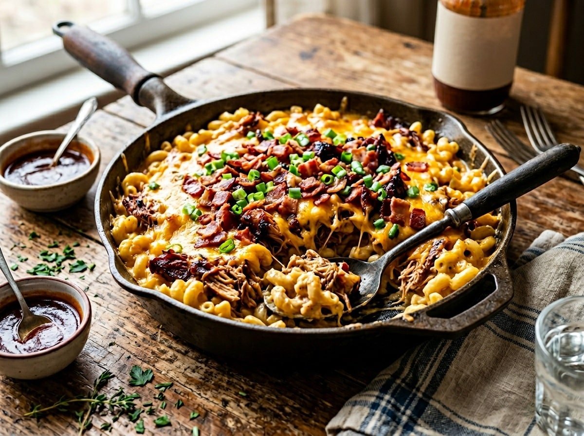 A delicious BBQ Chicken Loaded Mac and Cheese Skillet topped with cheddar cheese, bacon, and green onions, served on a wooden table.