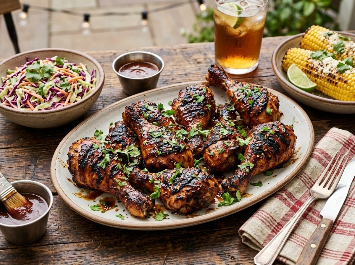 Grilled spicy BBQ drumsticks on a platter with garnish, served with coleslaw and corn on the cob.