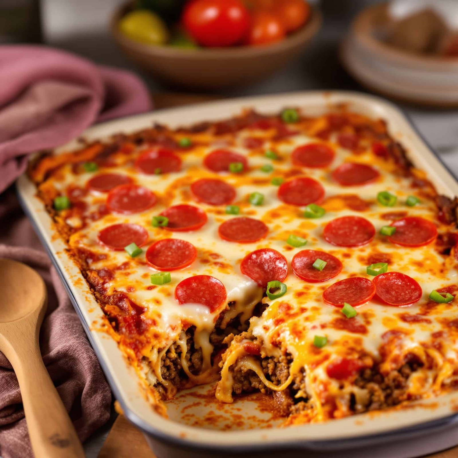 Hearty Ground Beef Pizza Bake in a dish, topped with cheese, pepperoni, and bell peppers, ready to be served.