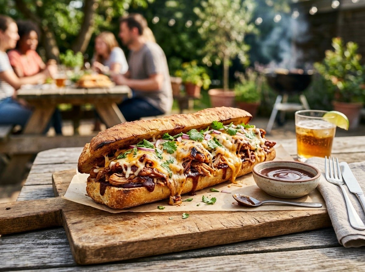 BBQ chicken stuffed baguette filled with shredded chicken and cheese, served with BBQ sauce on a rustic wooden board.