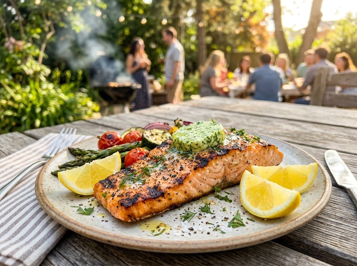 Grilled salmon fillet with herb butter and lemon wedges on a plate, served outdoors.