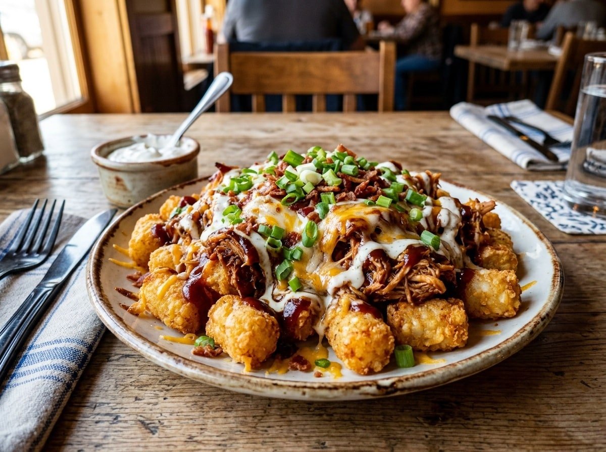 BBQ Chicken Loaded Tater Tots topped with cheese and green onions on a rustic wooden table.