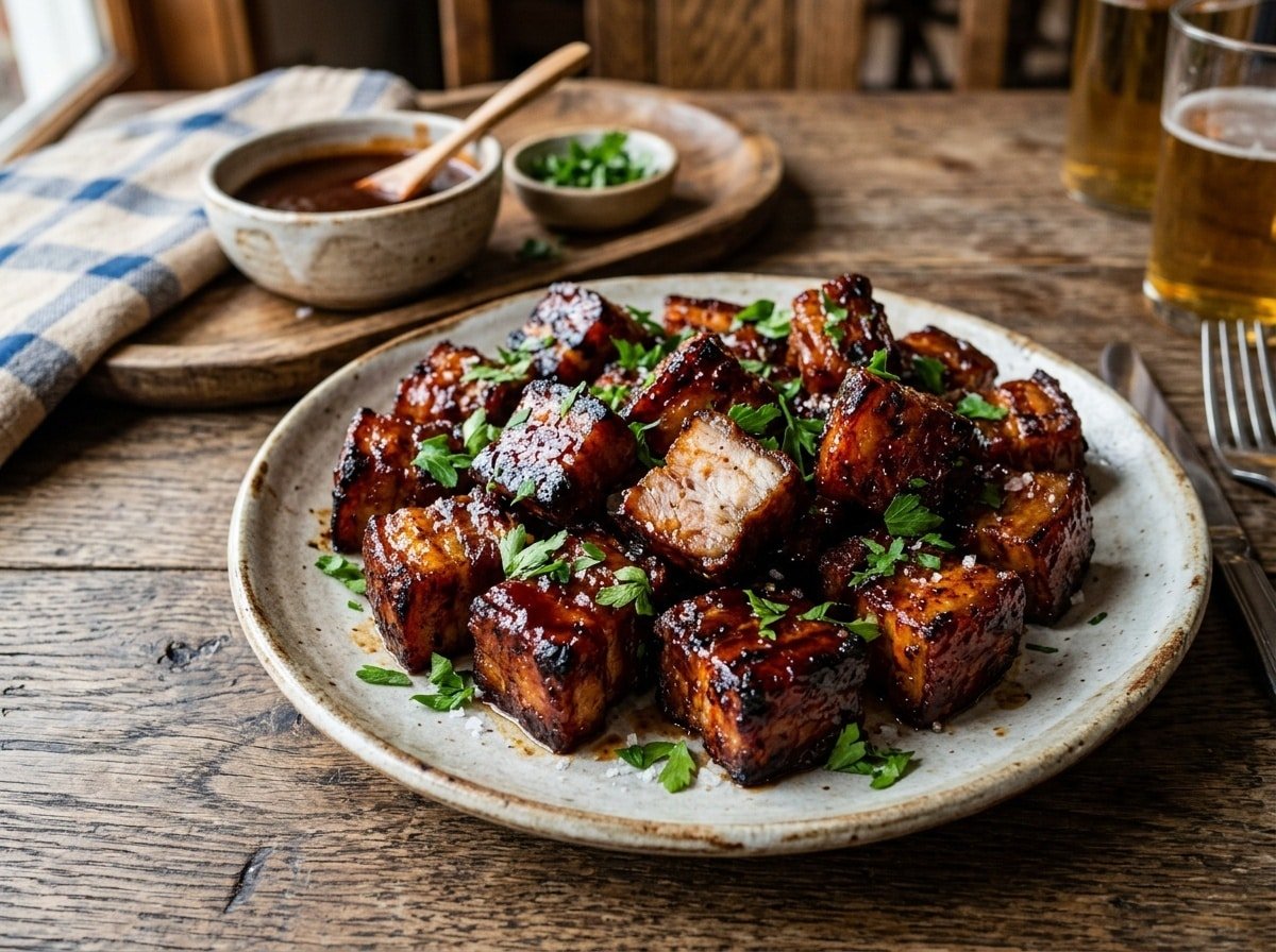 Juicy grilled BBQ pork belly bites served on a wooden platter, garnished with parsley and accompanied by BBQ sauce.