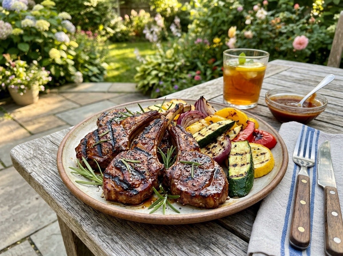 Delicious grilled lamb chops with rosemary, served with grilled vegetables on a rustic table in a garden.