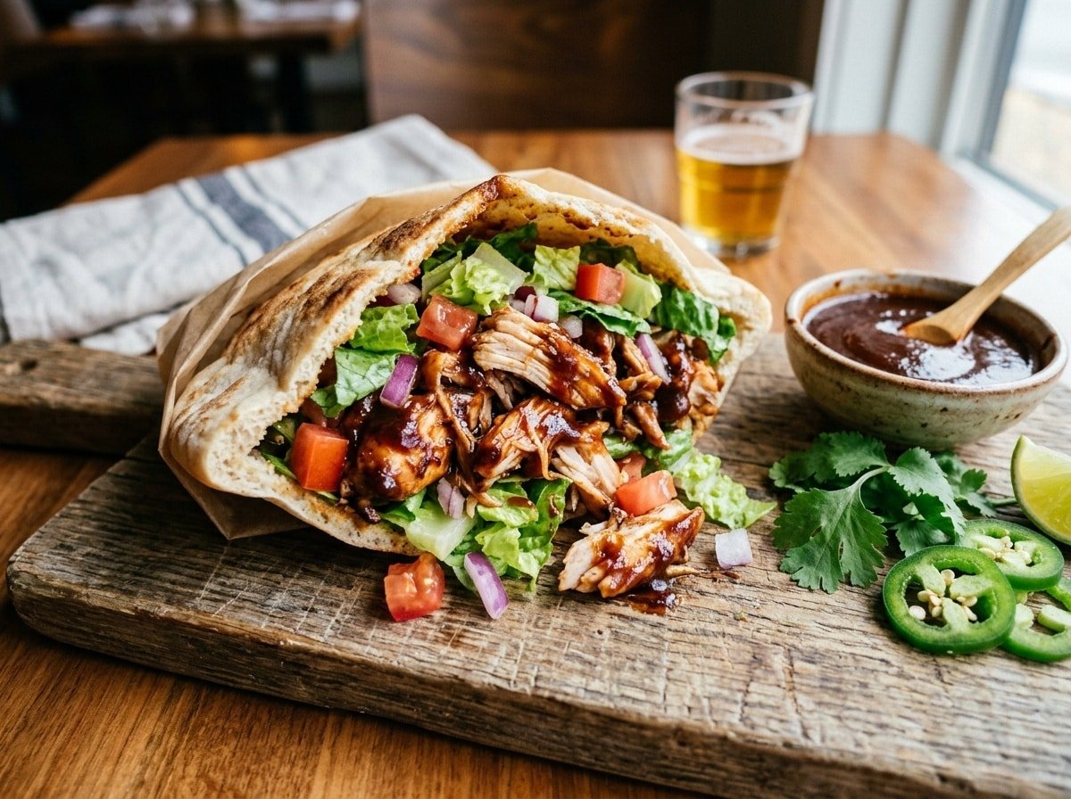 BBQ chicken stuffed pita filled with shredded BBQ chicken, lettuce, and tomatoes, served with barbecue sauce on a wooden board.