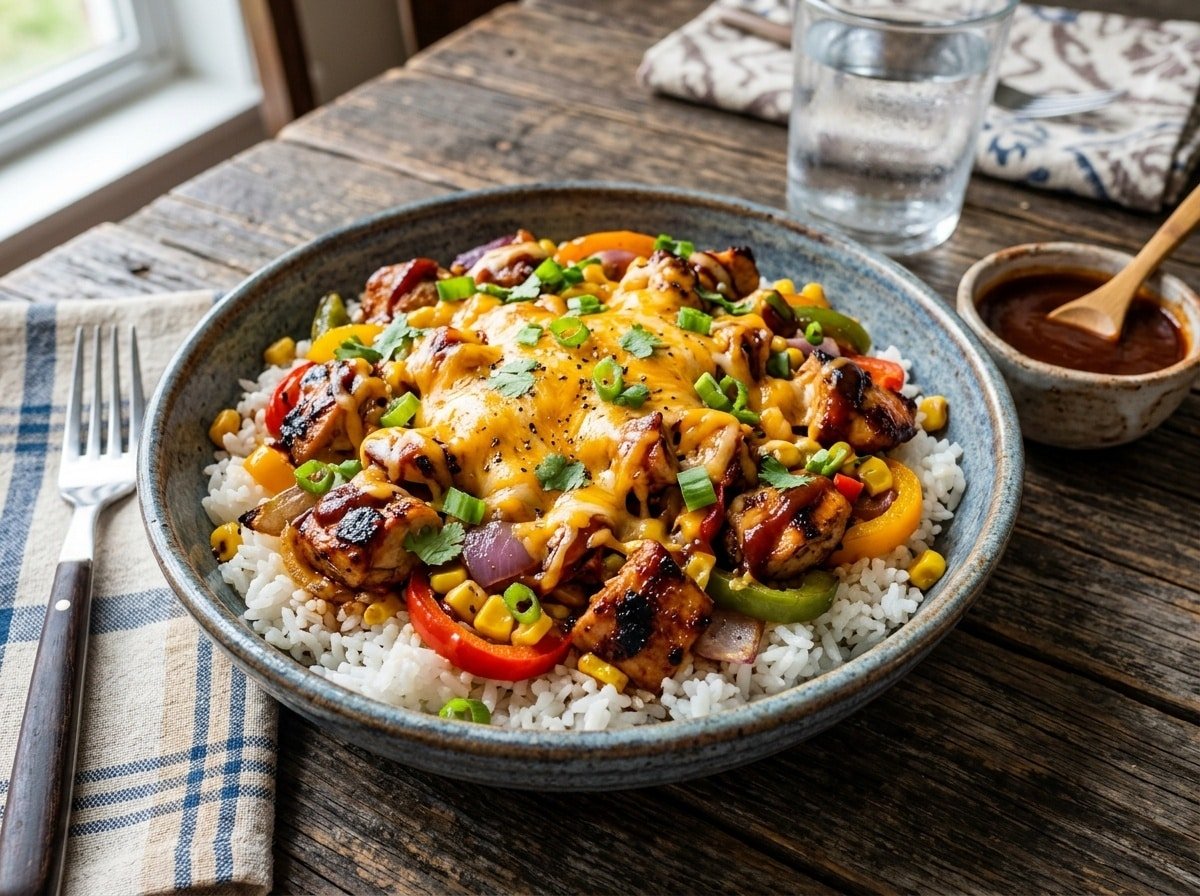 BBQ chicken loaded rice bowl with rice, chicken, and colorful toppings on a wooden table.