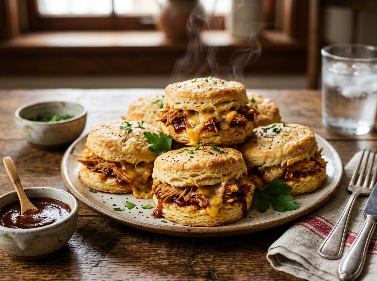 Golden BBQ chicken stuffed biscuits on a plate, filled with shredded chicken and cheese, served with barbecue sauce.