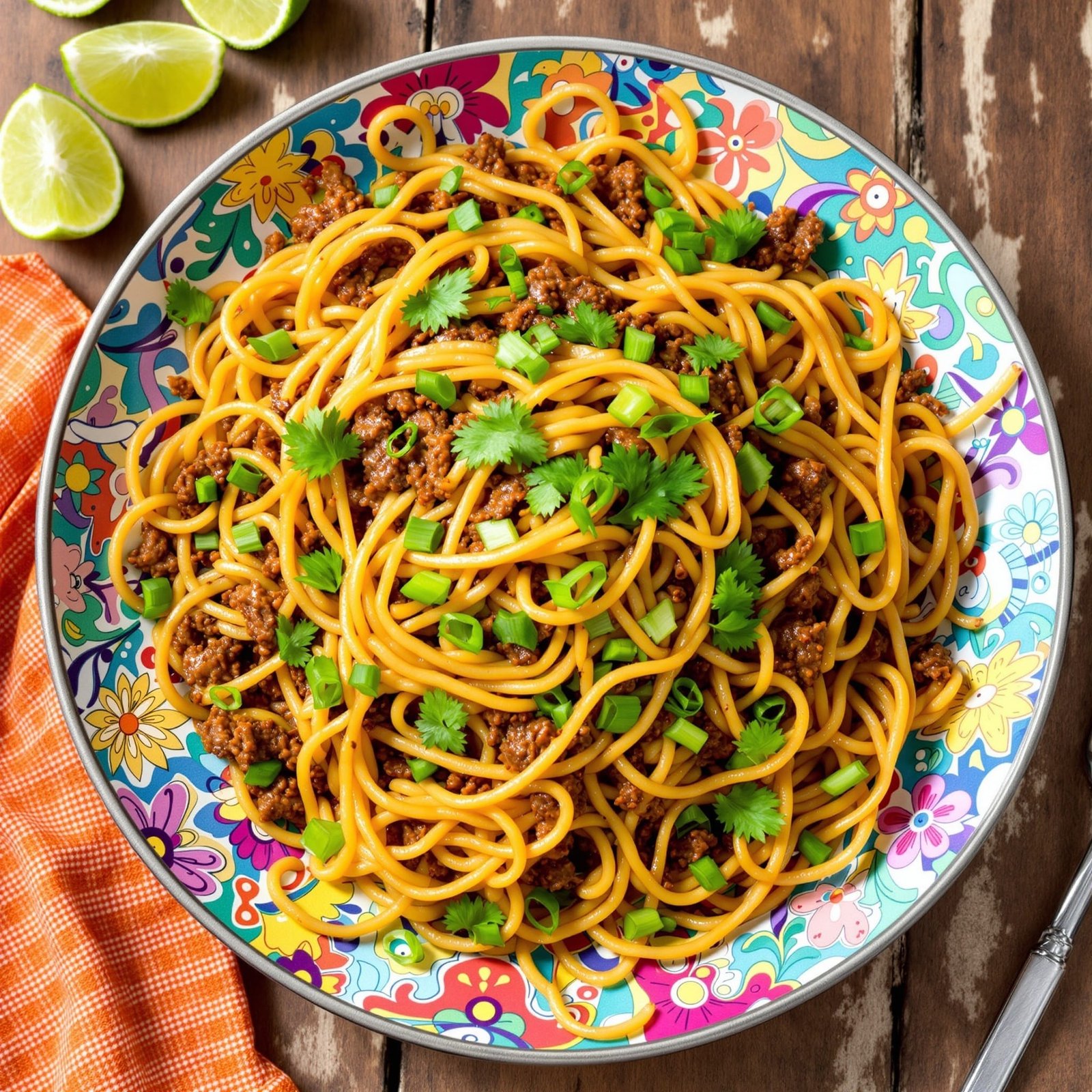 A colorful dish of Beef and Sweet Chili Noodles garnished with green onions and cilantro, served with lime wedges on a wooden table.