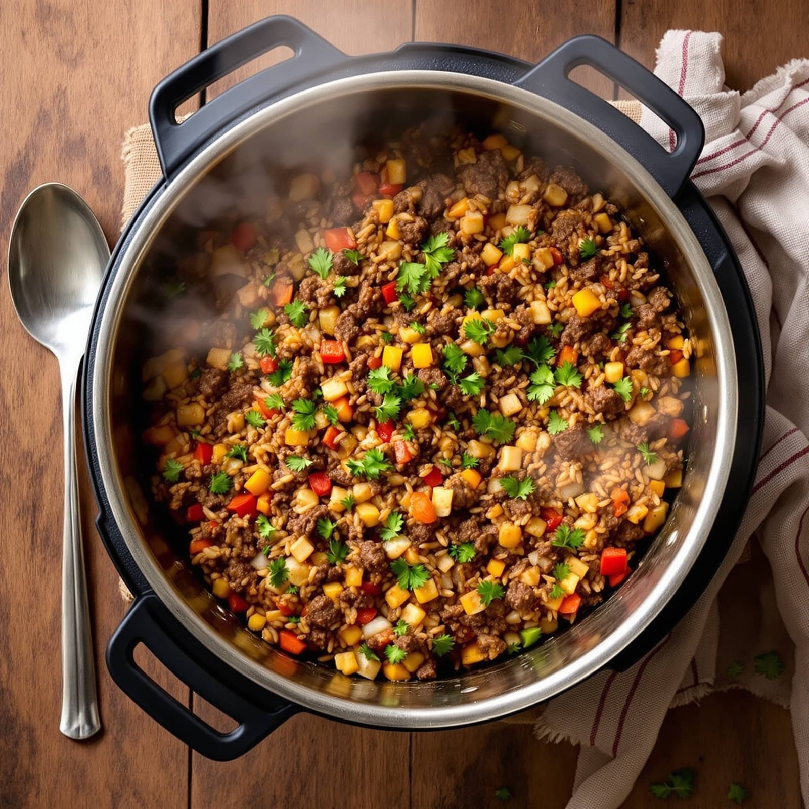 A close-up of a one-pot beef and rice dish, with ground beef, colorful bell peppers, and garnished with parsley.