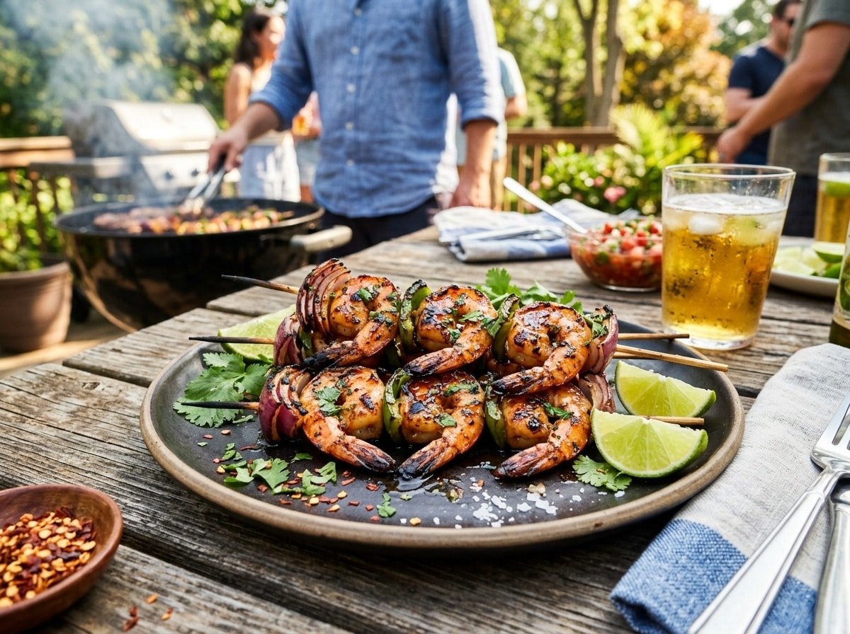 Delicious grilled honey lime shrimp skewers with lime wedges and cilantro on a plate in a BBQ setting.