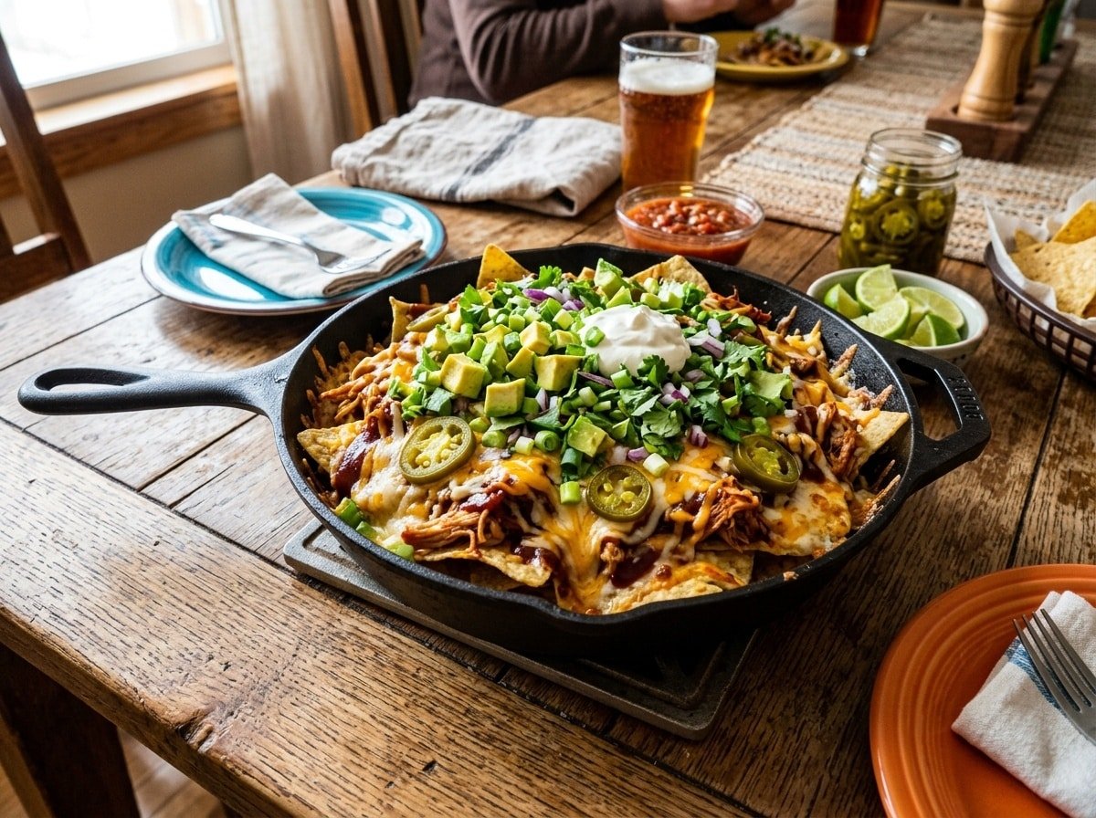 A delicious BBQ Chicken Loaded Nacho Skillet topped with cheese and garnishes on a rustic table.