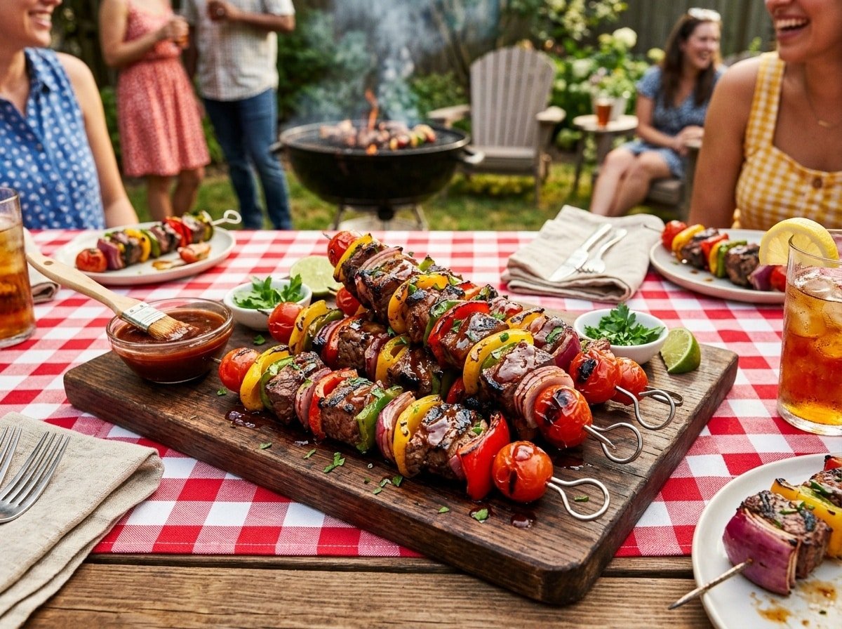 Grilled BBQ steak kabobs with beef, bell peppers, onions, and cherry tomatoes on skewers, served on a picnic table.