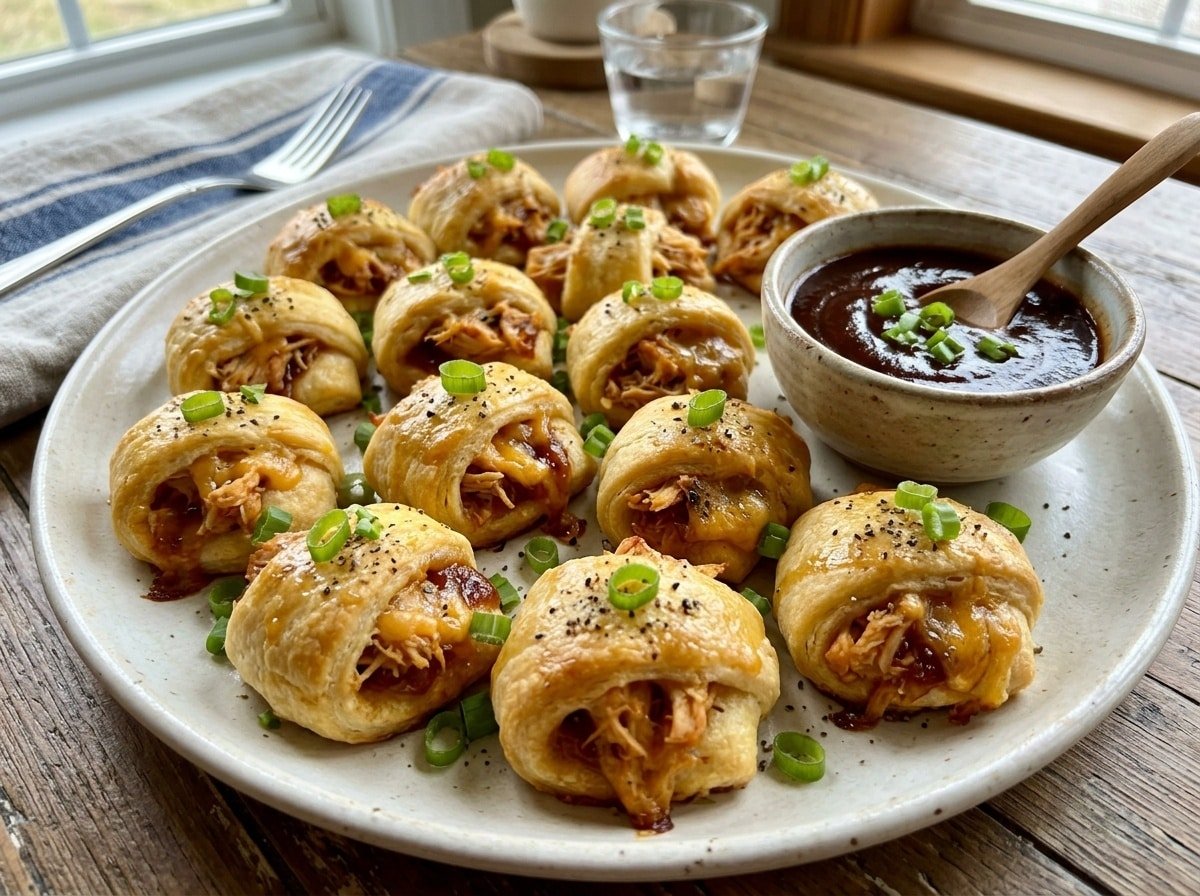 Golden-brown BBQ chicken stuffed crescent bites on a plate with dipping sauce and garnished with green onions.