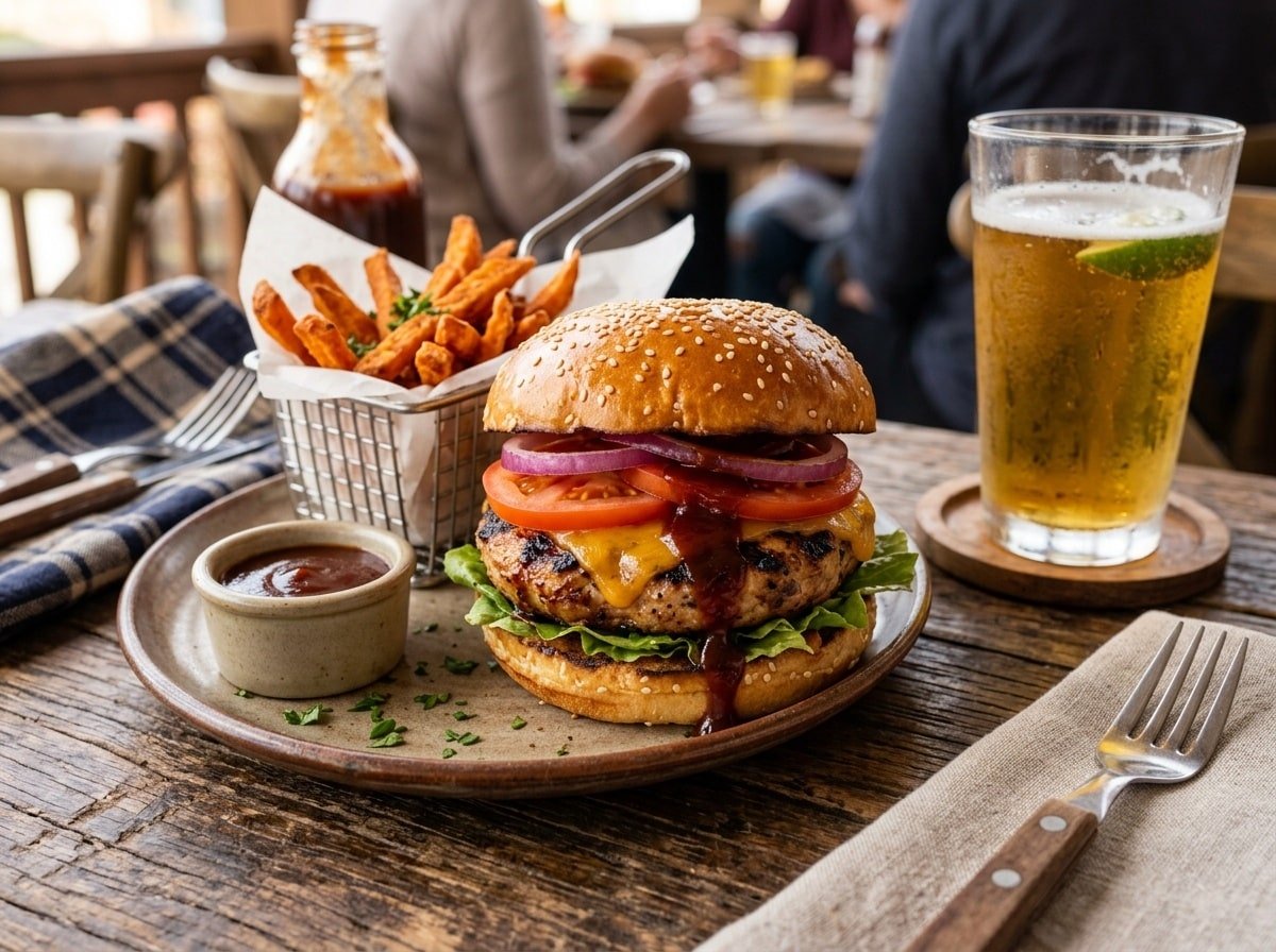 A juicy grilled turkey burger topped with lettuce, tomato, and onion, served with sweet potato fries on a wooden table.