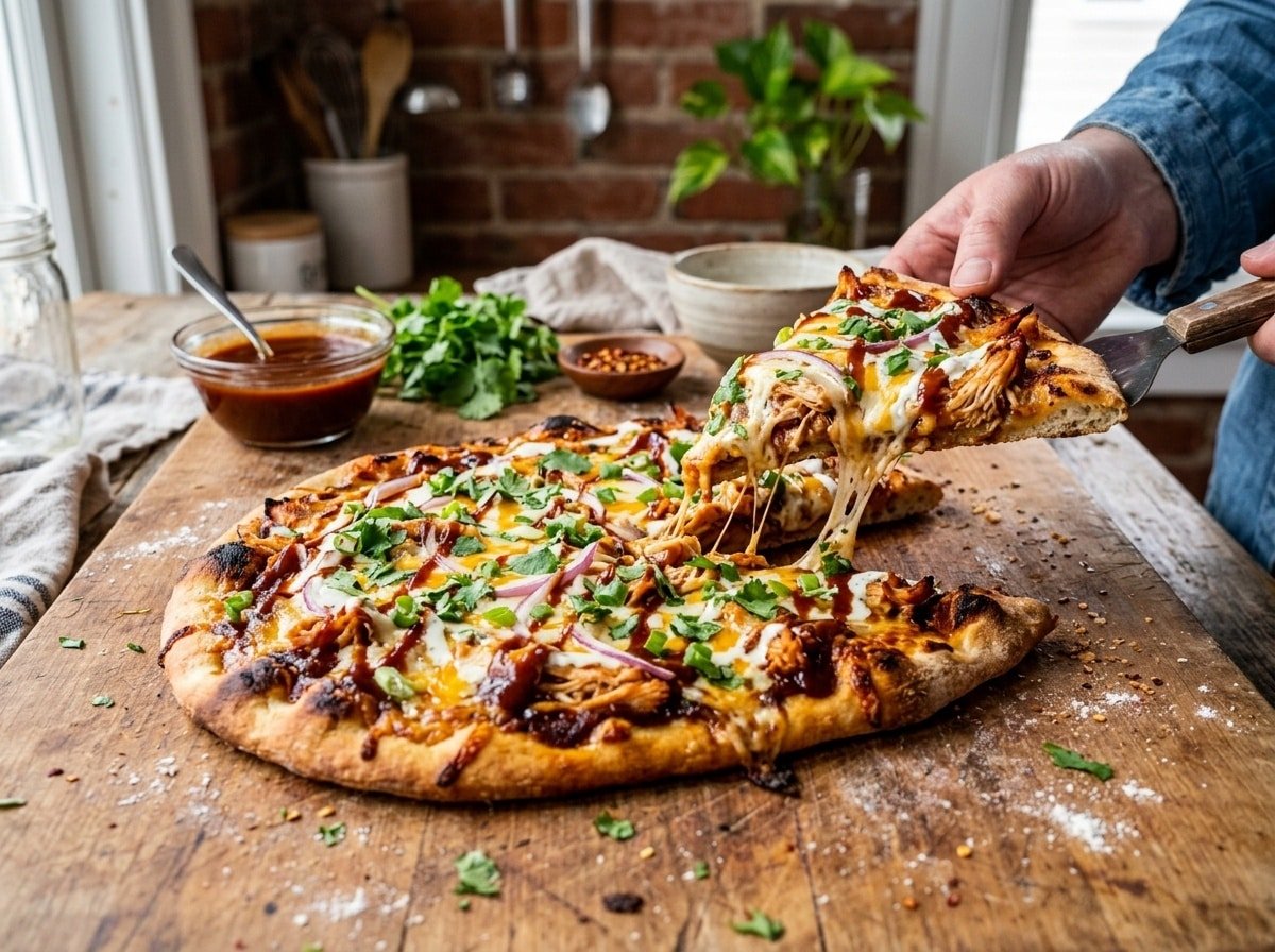 BBQ Chicken Loaded Flatbread Pizza with cheese, chicken, red onions, and cilantro on a rustic wooden board.
