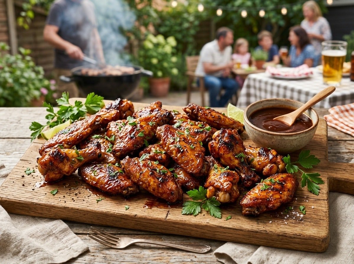 A plate of brown sugar BBQ chicken wings with a side of barbecue sauce on a wooden board.