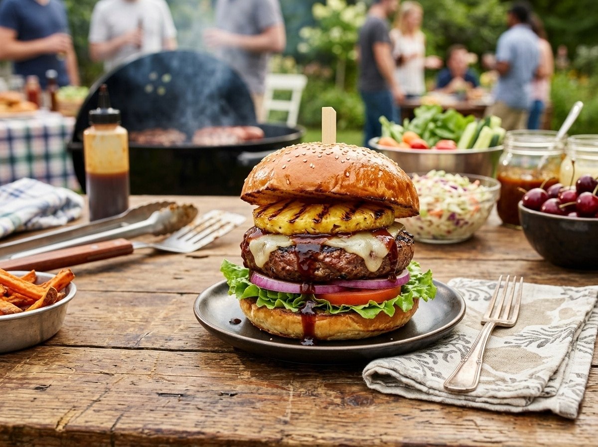 Grilled pineapple teriyaki burger with beef patty, grilled pineapple slice, and lettuce on a wooden table.