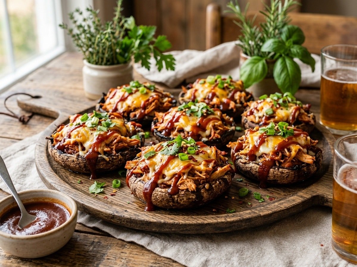 BBQ Chicken Stuffed Portobello Caps filled with shredded chicken and cheese, garnished with barbecue sauce on a wooden platter.