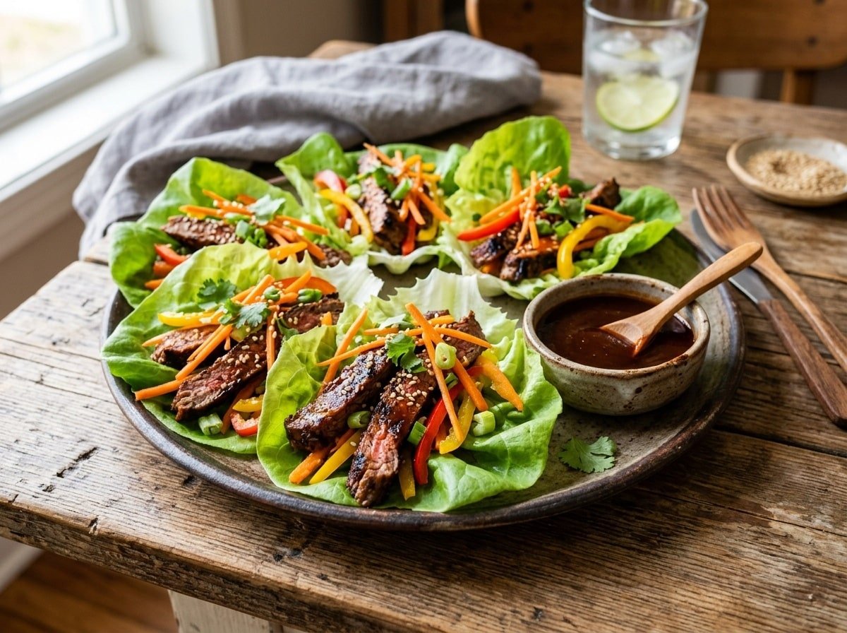 Grilled BBQ Steak Lettuce Wraps filled with steak, carrots, bell peppers on a rustic table with BBQ sauce.
