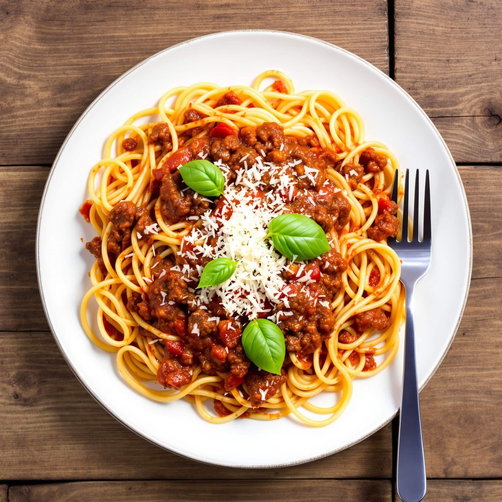 A plate of spaghetti with beef bolognese sauce, garnished with basil and Parmesan on a wooden table.