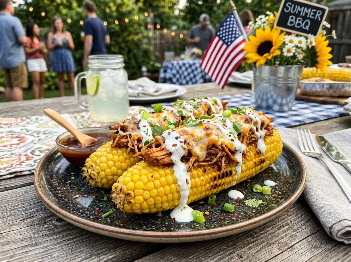 BBQ Chicken Loaded Sweet Corn garnished with cheese and green onions on a picnic table.