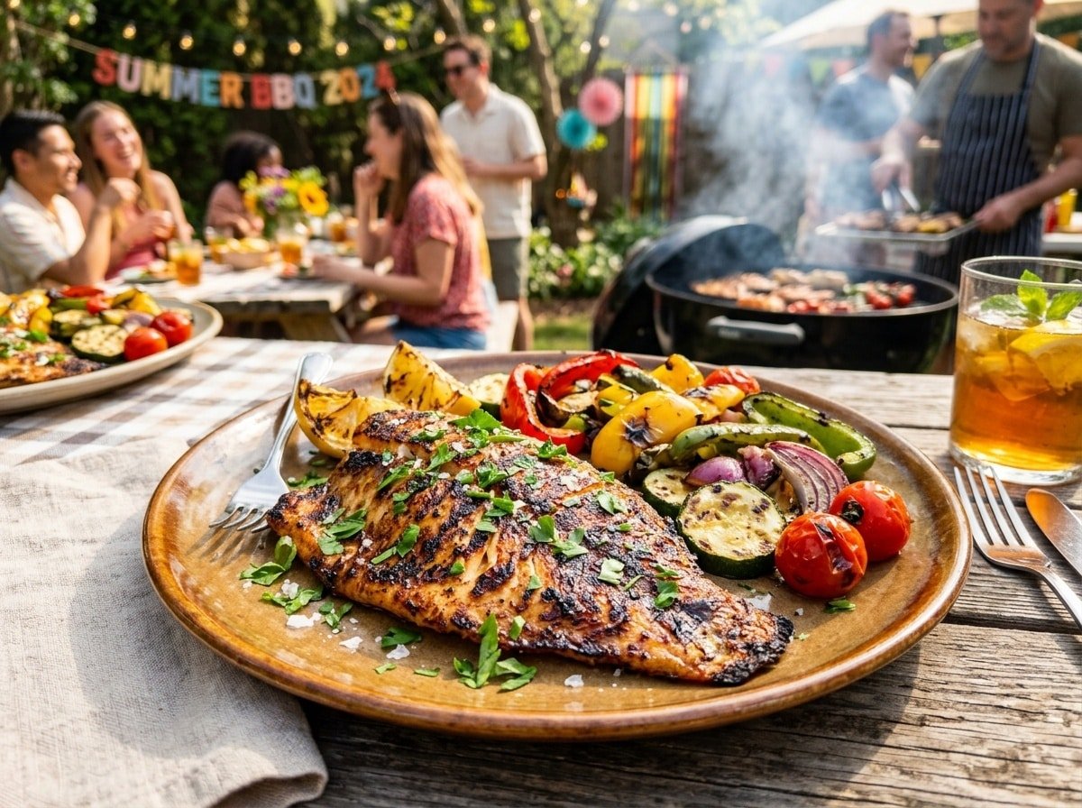Grilled Cajun spiced tilapia fillet garnished with parsley and lemon, displayed on a BBQ plate with colorful grilled vegetables.