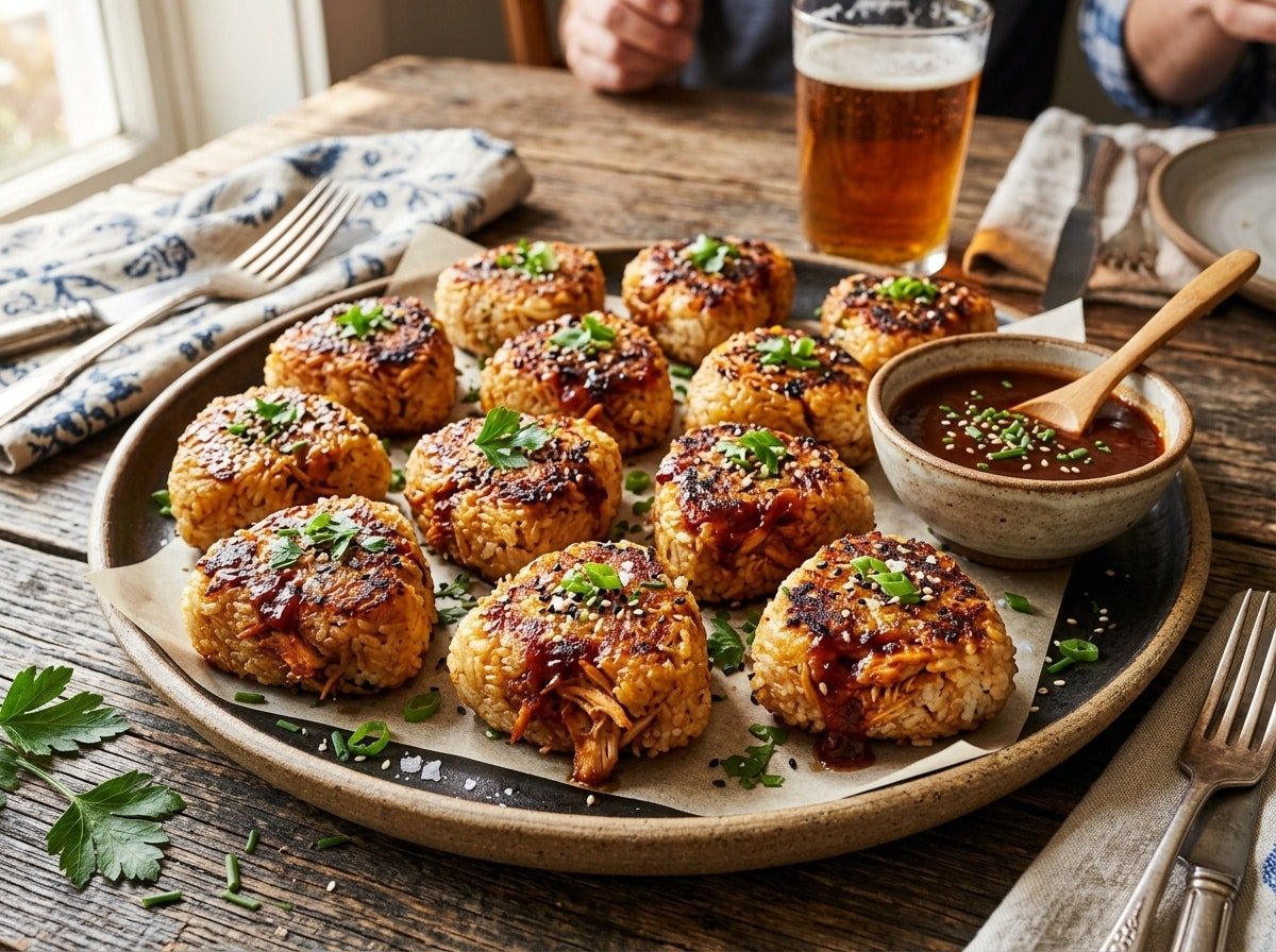 A delicious assortment of crispy BBQ chicken stuffed rice balls on a wooden platter, with BBQ sauce for dipping.