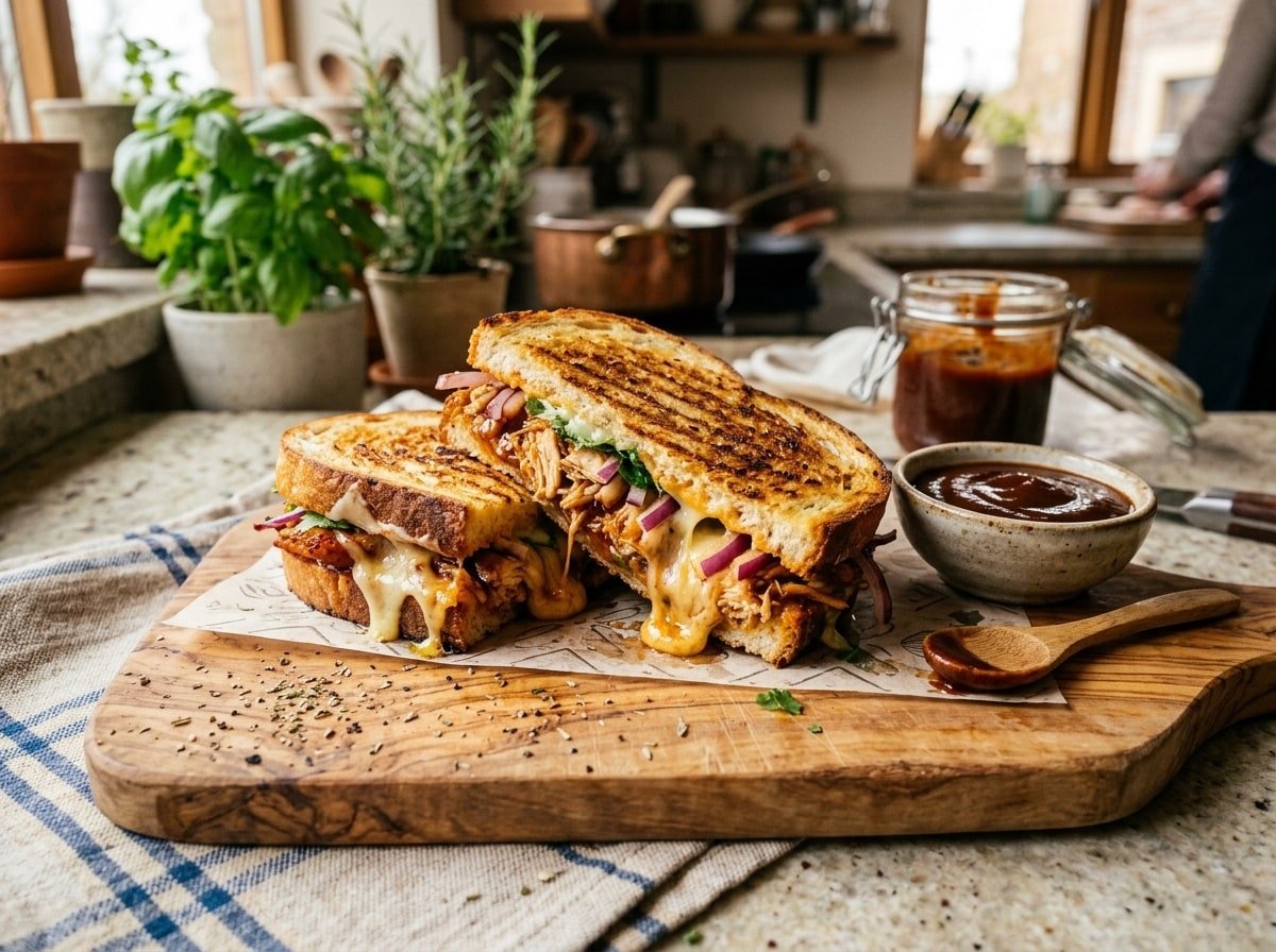 Golden grilled BBQ chicken panini with melted cheese and sides of BBQ sauce on a wooden board.