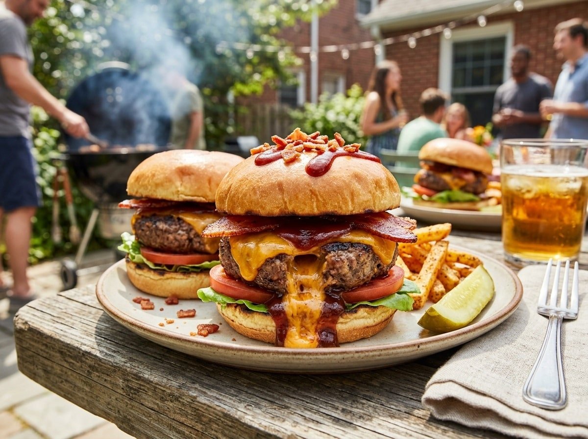 BBQ Bacon Cheddar Stuffed Burgers topped with BBQ sauce and fresh vegetables on a plate.