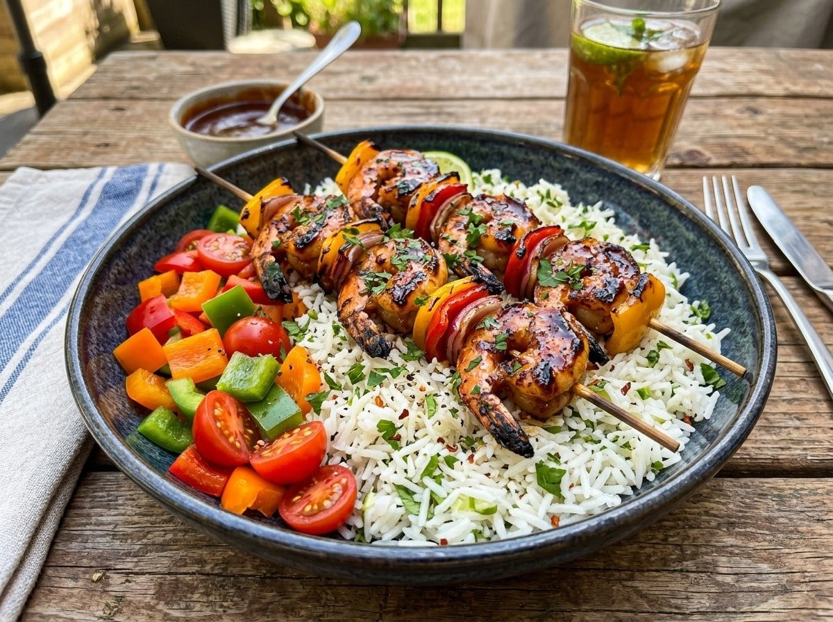 Grilled BBQ shrimp skewers on rice with bell peppers and tomatoes in a bowl, garnished with parsley.