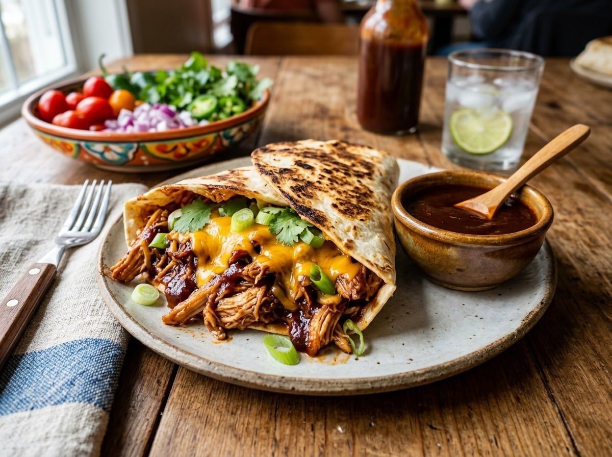 BBQ chicken stuffed tortilla pockets garnished with cheese, served with BBQ sauce on a rustic table.