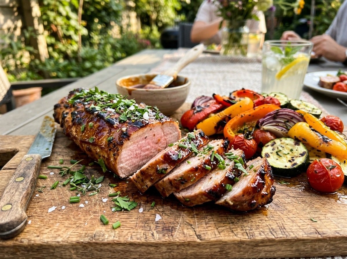Grilled pork tenderloin with maple BBQ glaze, sliced on a wooden board with grilled vegetables.