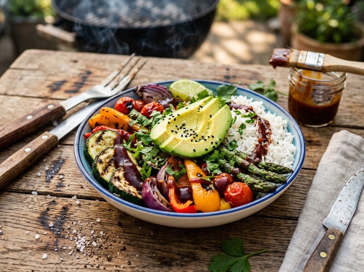 A grilled BBQ veggie rice bowl filled with colorful vegetables, avocado slices, and drizzled with BBQ sauce.