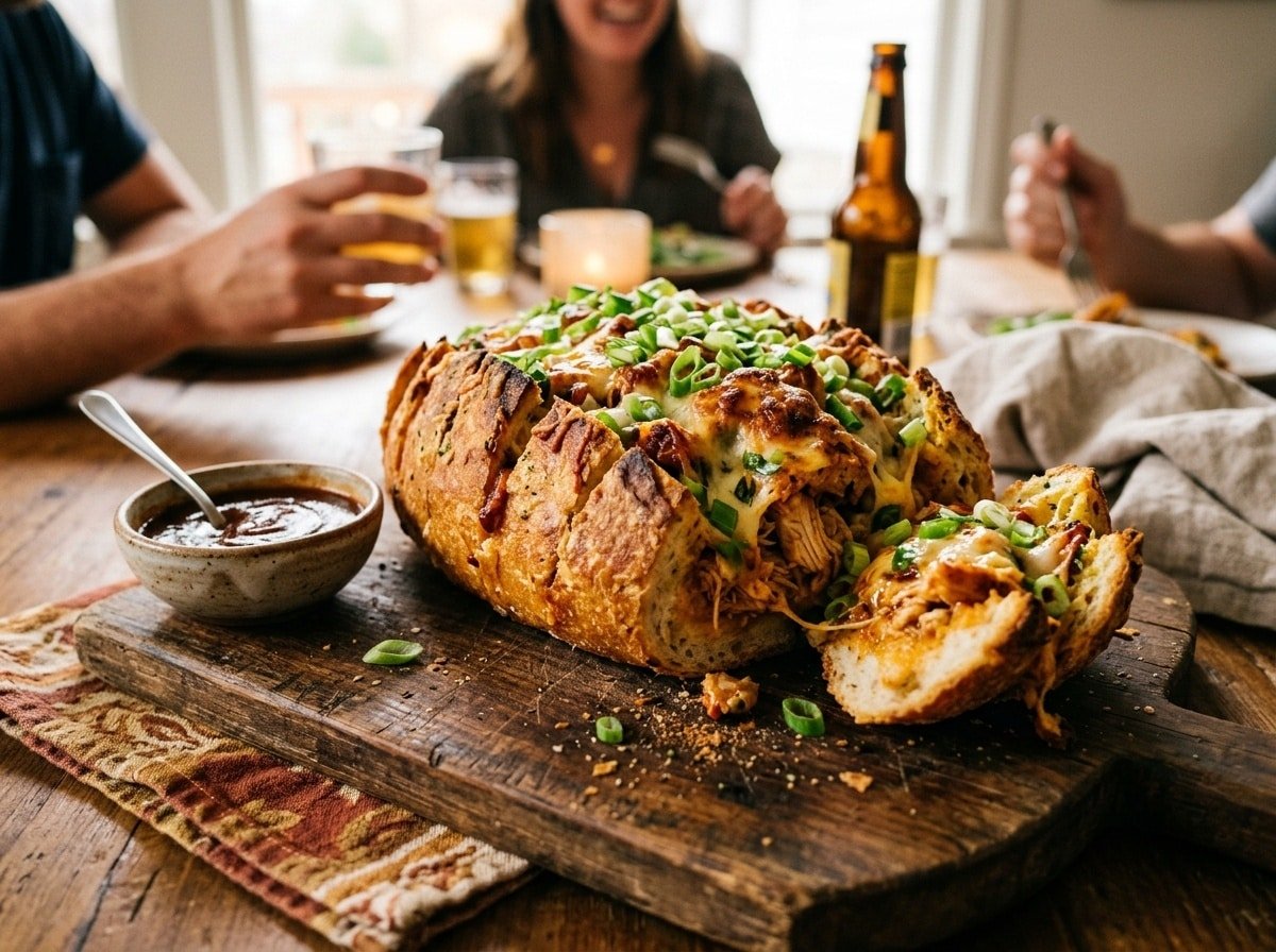 BBQ Chicken Stuffed Garlic Bread with melted cheese and green onions on a wooden board, surrounded by dipping sauce.