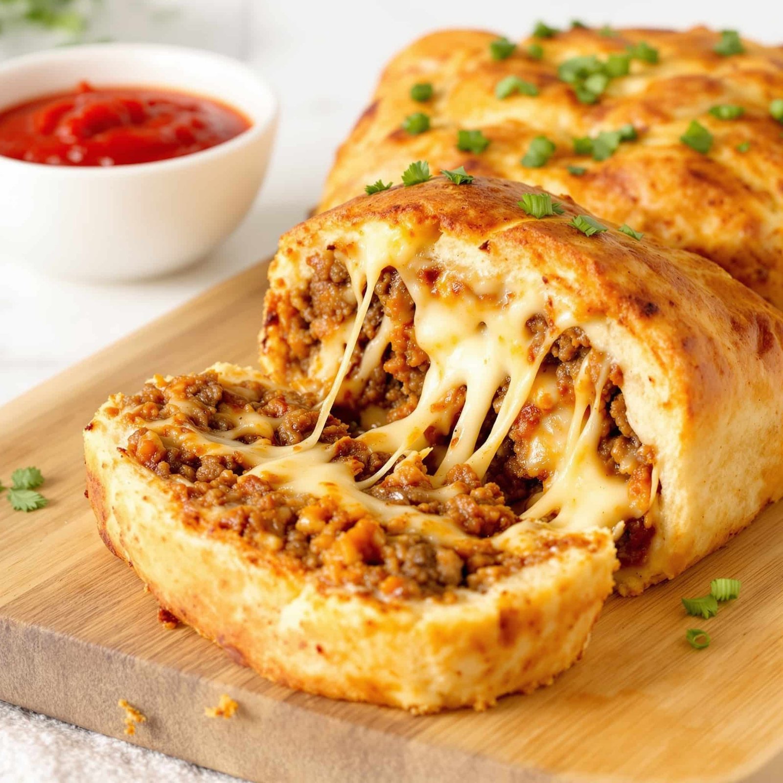 A slice of stuffed bread filled with ground beef and melted cheese, served with marinara sauce.
