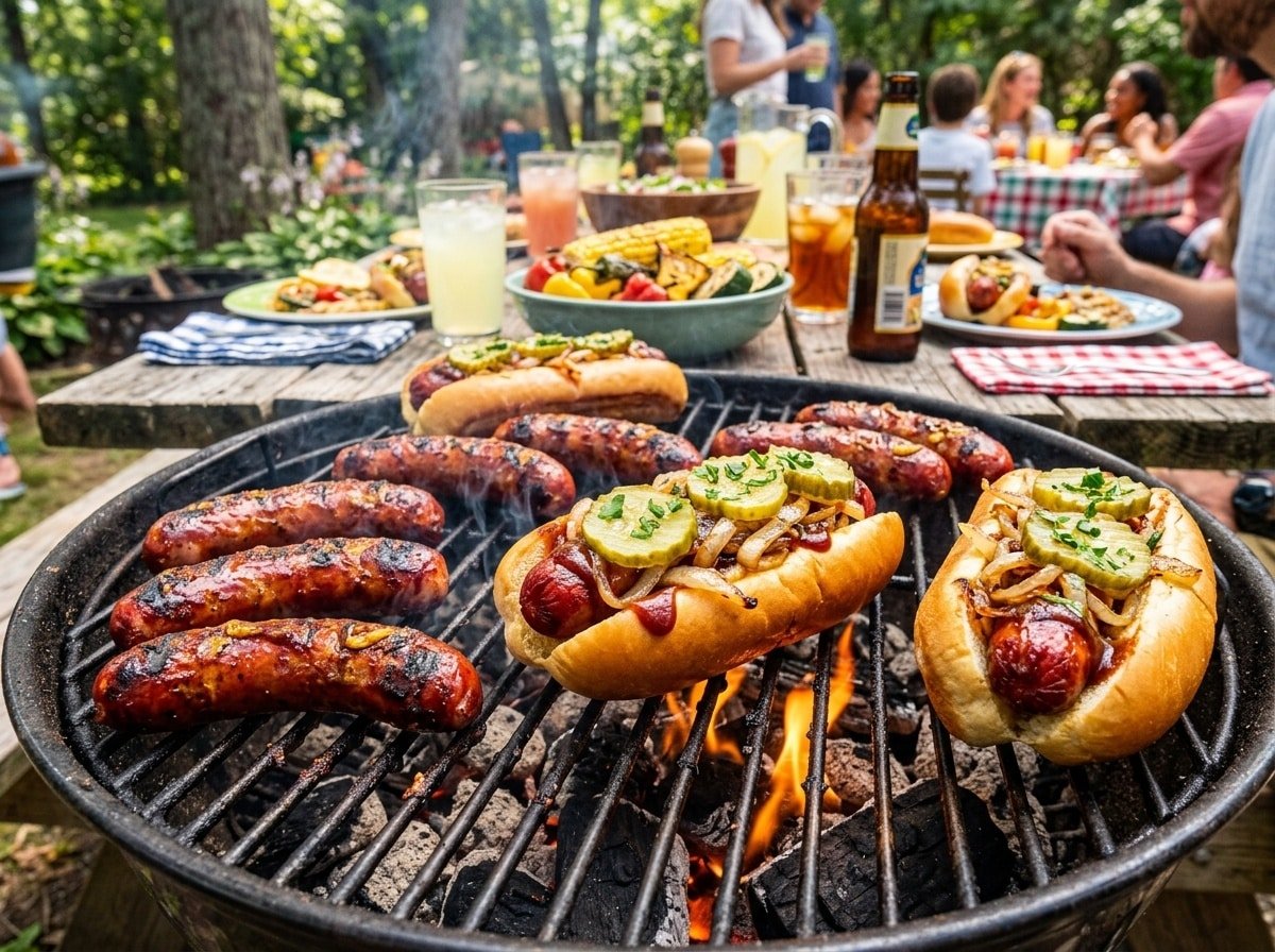 Grilled spicy BBQ sausage links on a grill, served in buns with onions and pickles.