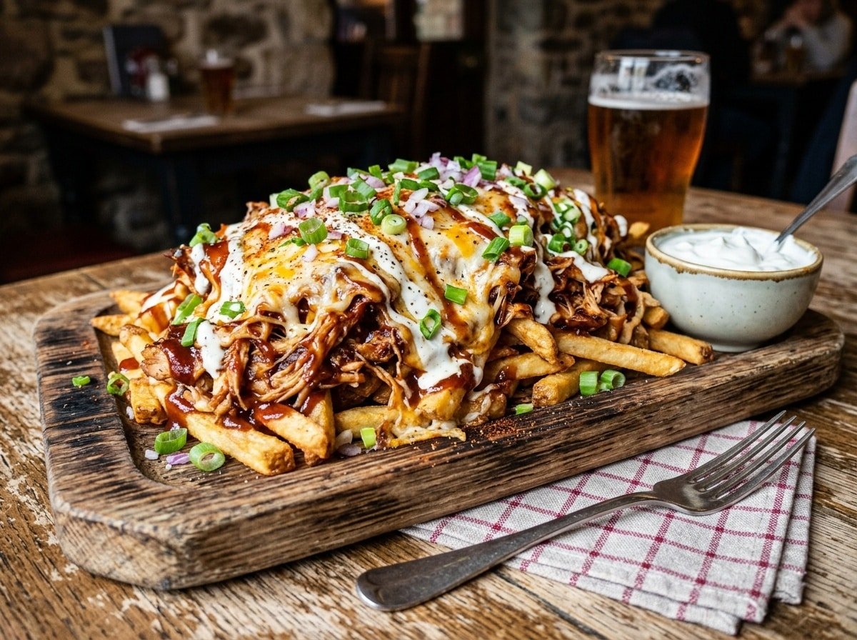 BBQ chicken loaded baked fries topped with cheese and green onions, served with sour cream on a wooden platter.