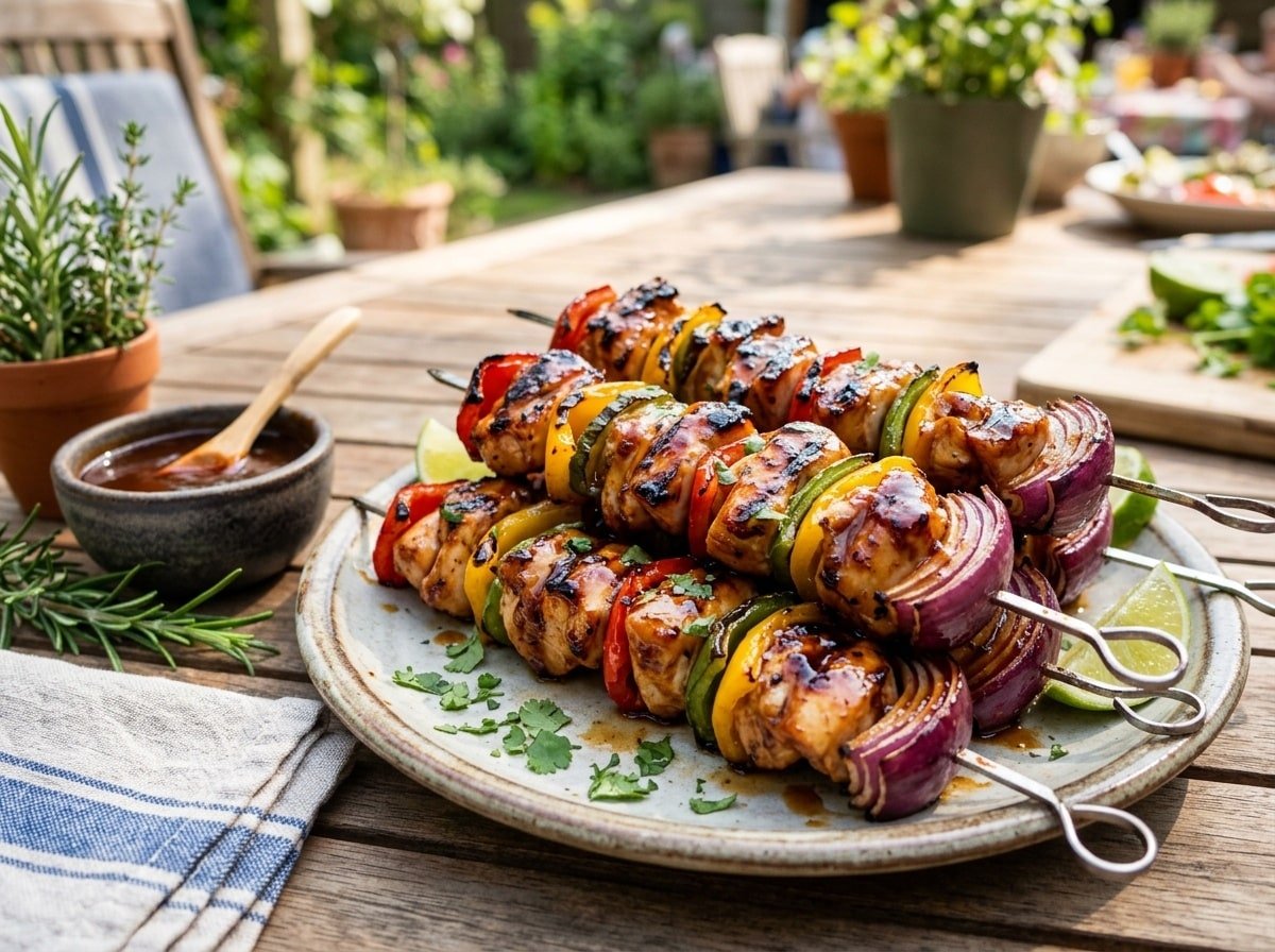 Grilled chicken kabobs with bell peppers and onions, glazed with honey BBQ sauce, served on a rustic table.